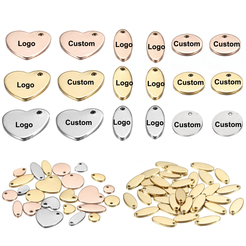 Top Trends: 100pcs / lot Custom Laser Engrave LOGO Stainless Steel Charm Heart-Shaped Round Oval Blank Pendant Dog Tag For DIY Jewelry Making Shoppable Styles