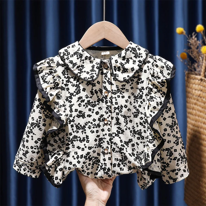 Top Trends: Fashion Floral Printing Peter Pan Collar Splicing Agaric Edge Shirt Girl Clothes Spring Autumn Contrast Color Button Blouse Kids Shoppable Styles