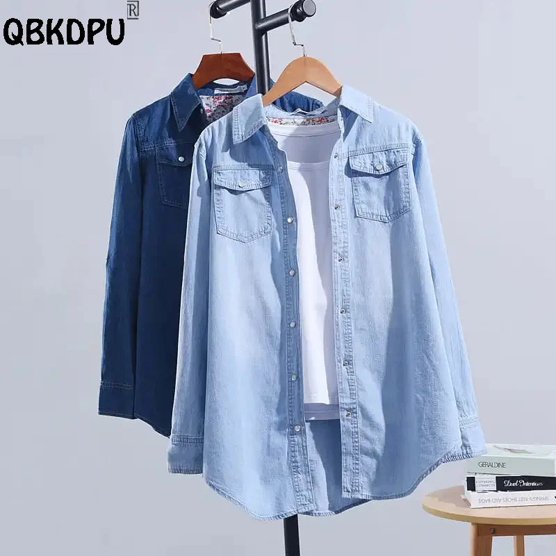 Top Trends: Casual Wash Blue Denim Shirts Women Basic Single-Breasted Jeans Blouses 2023 Spring Tops Loose Fashion Lapel Cowboy Blusas Shoppable Styles