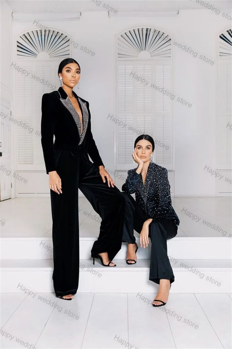 Top Trends: Velvet Crystals Women Suit Set Blazer+ Pants 2 Pieces Formal Wedding Tuxedos Custom Made Jacket Coat Trousers Prom Dress Tailored Shoppable Styles