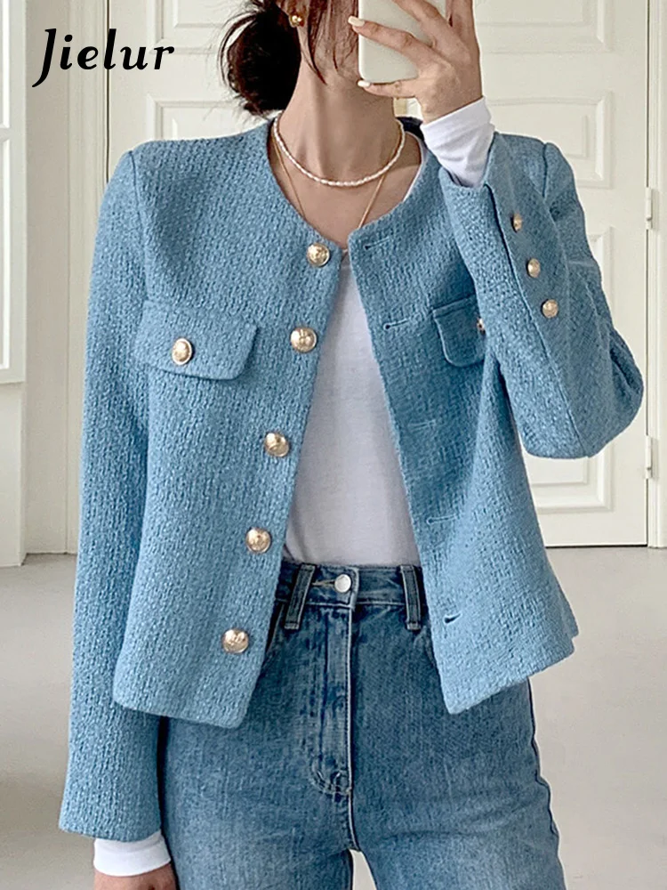 Top Trends: Jielur Korean Style Office Ladies Simple Jackets Solid Color Fake Pockets Casual O-neck Single Breasted Women Coats Blue White Shoppable Styles