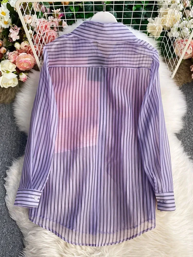 Top Trends: 2023 Spring Summer New Fashion Striped Shirt Women's Ruffled Loose Thin Long Sleeve Shirt Tops Blouse UK438 Shoppable Styles - Image 3