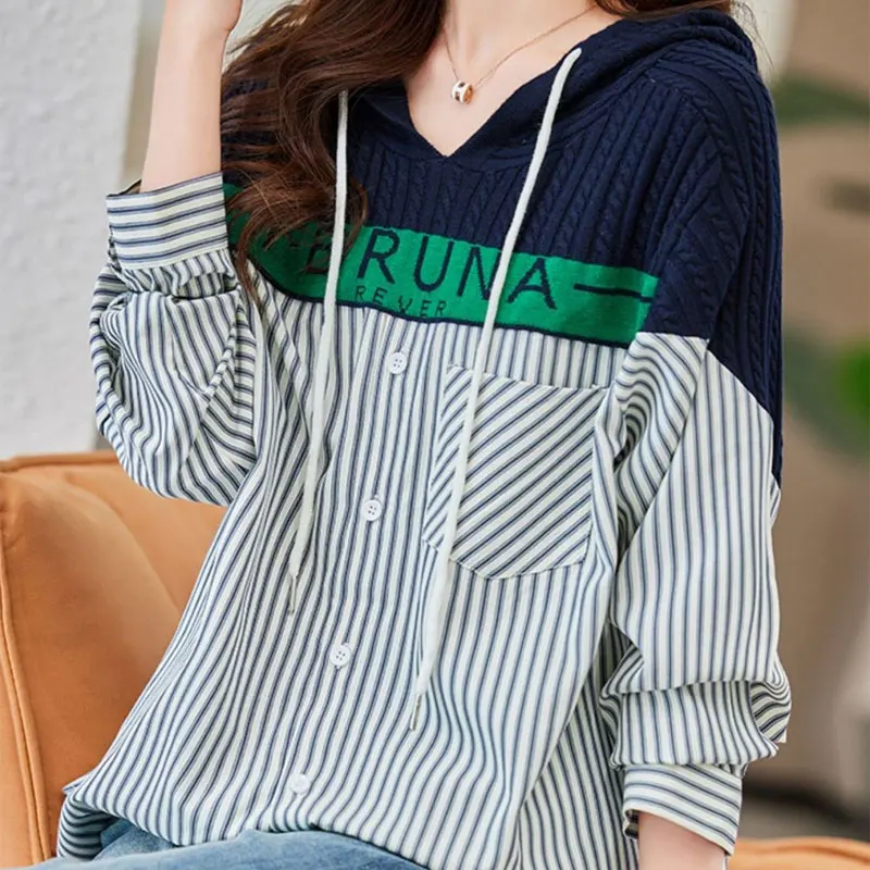 Top Trends: Korean Loose Hooded Striped Blouse Women's Clothing Letter Knitted Patchwork 2023 Spring Autumn Casual Drawstring Pockets Shirt Shoppable Styles - Image 6