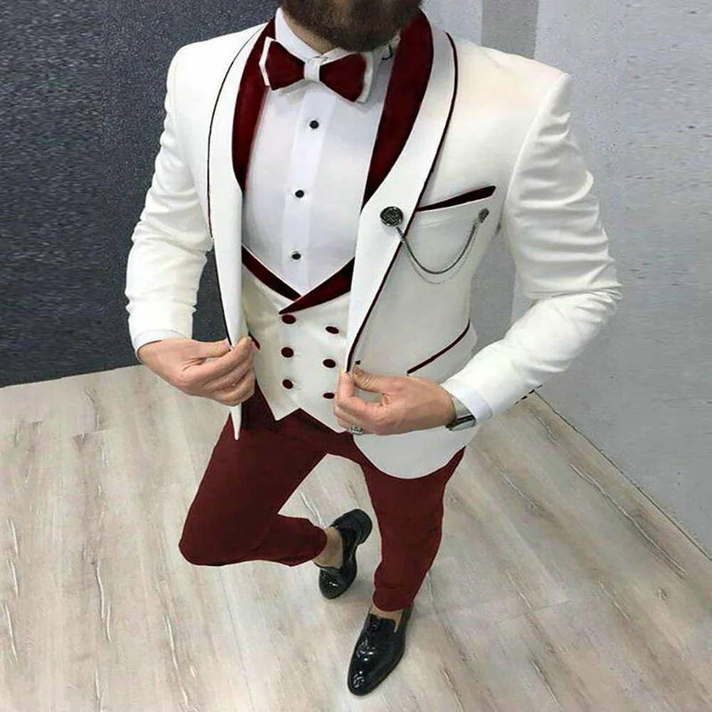 Top Trends: 2023 Men Suit Fashion Formal Business Slim Fit 3 Pieces White Blazers Burgundy Pants Men&#039;s Wedding Male Set Groom Suit Shoppable Styles