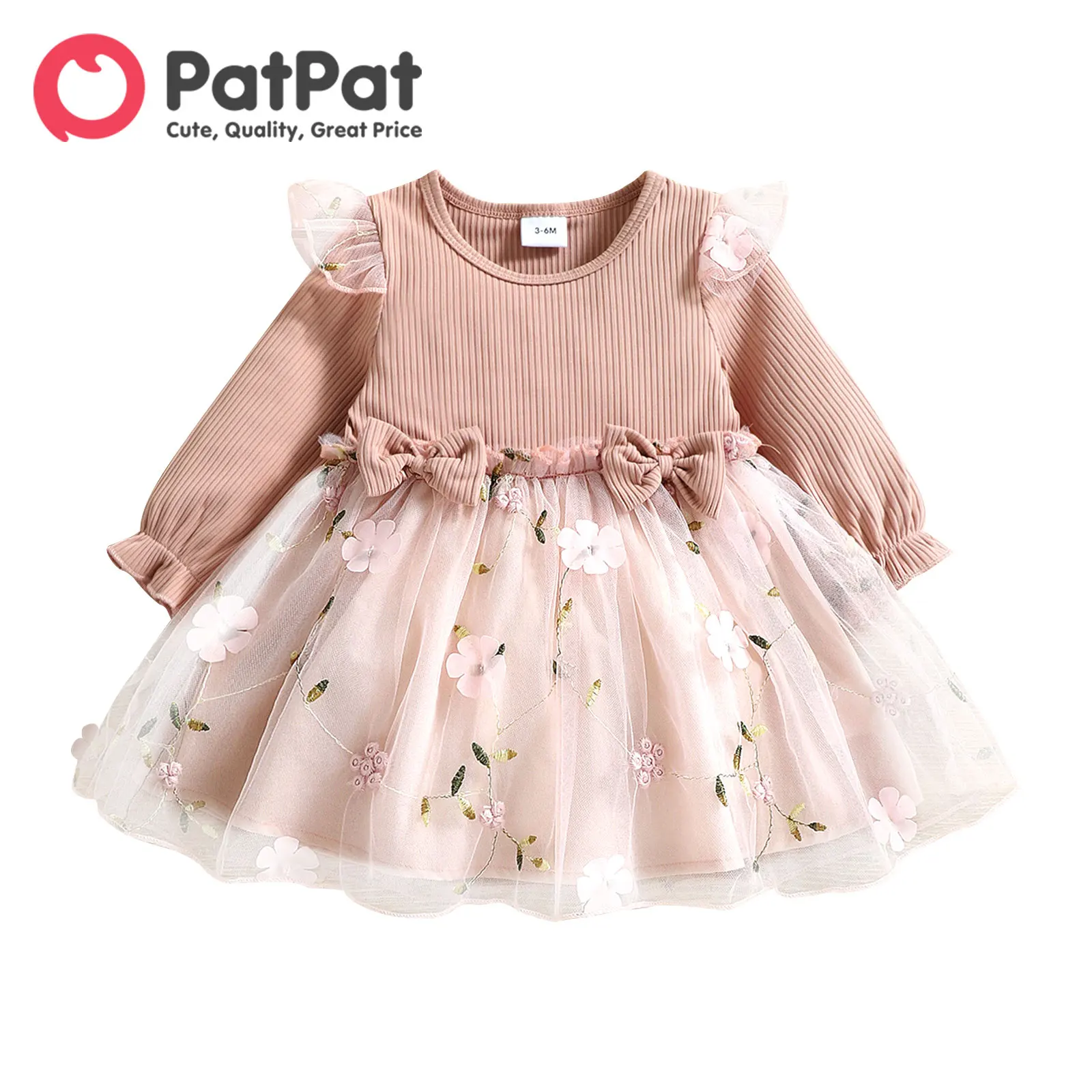 Top Trends: PatPat Baby Dress Baby Girl Clothes New Born Infant Party Dresses Pink Ribbed Bowknot Floral Mesh For NewBorn Kids Birthday Shoppable Styles