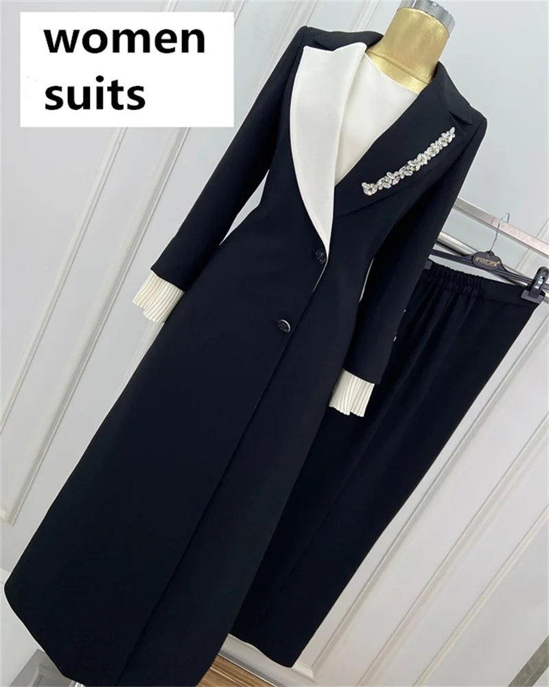 Top Trends: Crystal Wedding Black Women Suit Set Long Blazer+ Wide Leg Pants 2 Pieces Cotton Coat Formal Prom Dress Custom Made Outfit Shoppable Styles