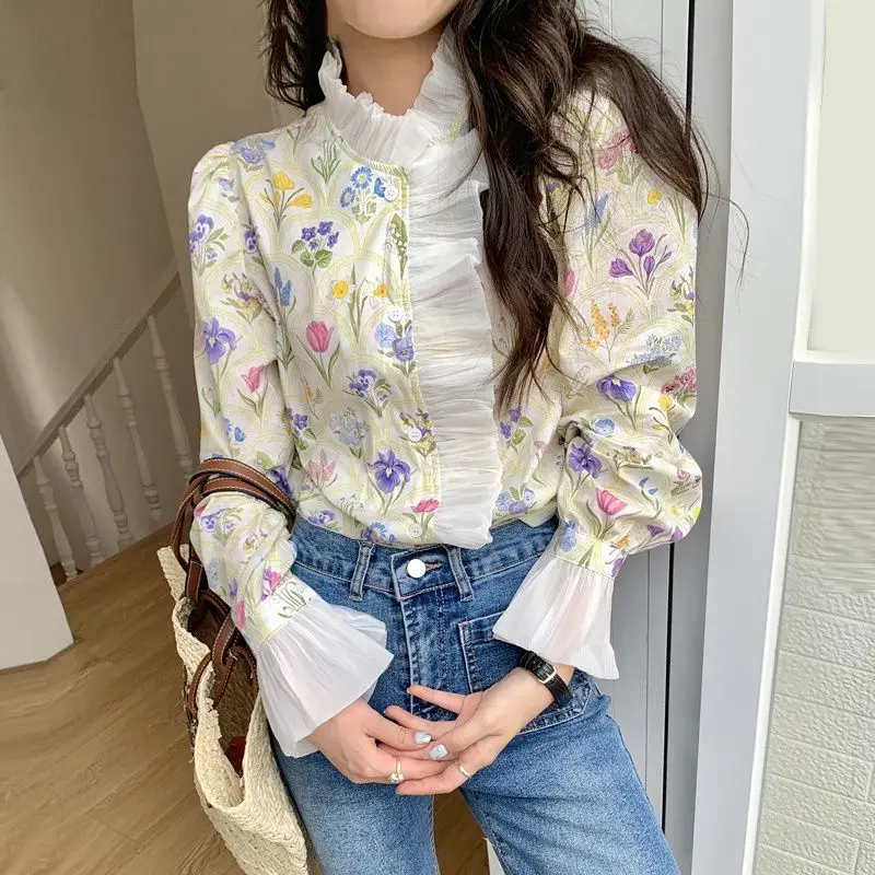 Top Trends: French Style Vintage Broken Flowers Blouse Spring Autumn Elegant Turtleneck Female Clothing Button Fashion Ruffles Spliced Shirt Shoppable Styles