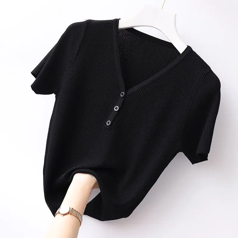 Top Trends: Summer Women All-match Knitted T-shirt Koreon Fashion New Short Sleeve Tees Female Clothing V-Neck Pullover Slim Casual Top 2023 Shoppable Styles