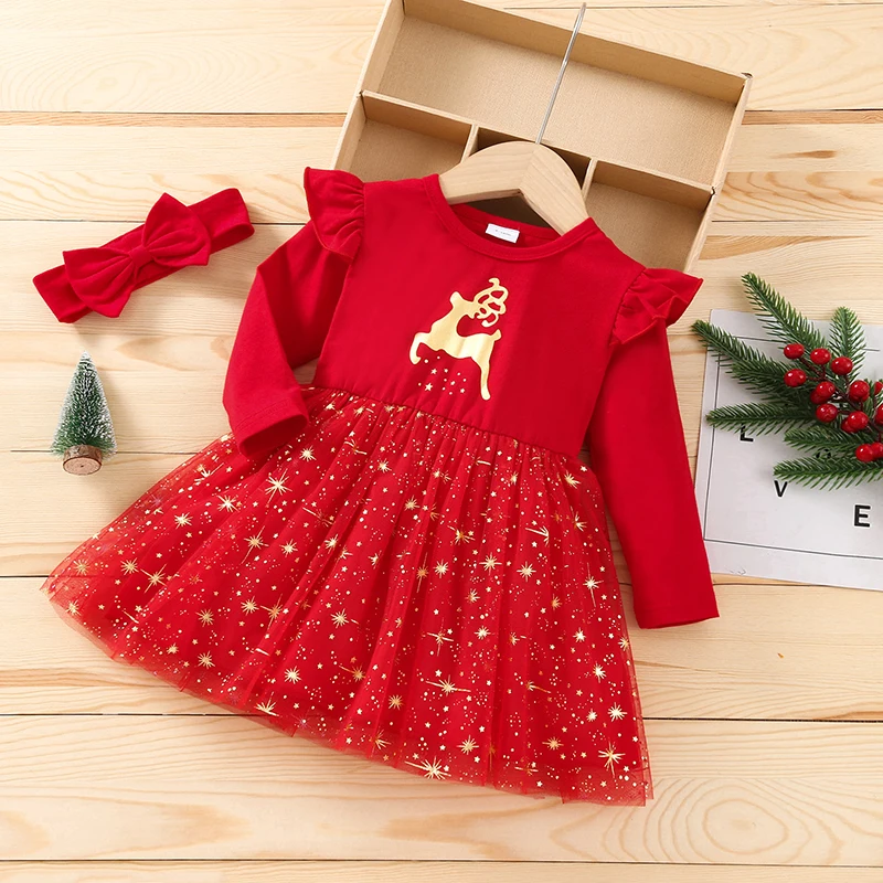 Top Trends: Christmas Baby Girl Dress Headband Set 2pcs Elk Star Print Round Neck Long Sleeve Tutu Dress Headwear Xmas Toddler Infant 3M-3T Shoppable Styles