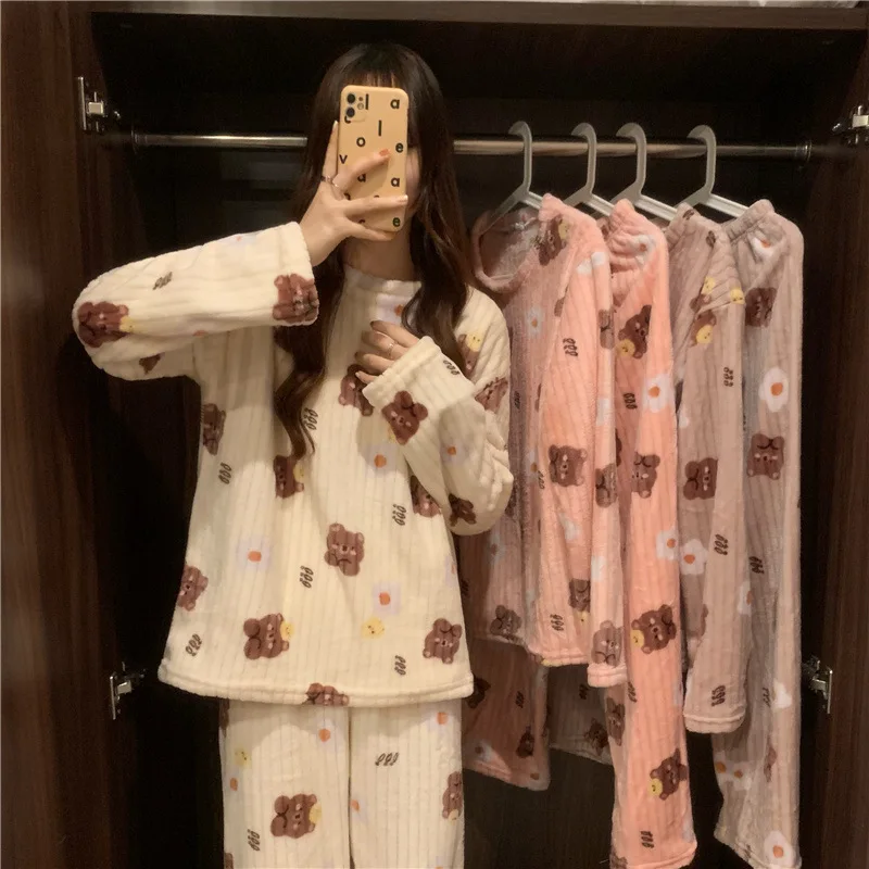 Top Trends: Cute Sweet Autumn Winter Warm Pajama Set Women Fleece Print Soft Homewear Female Sleepwear Pyjamas 2 Piece Sets Pijama Mujer Shoppable Styles