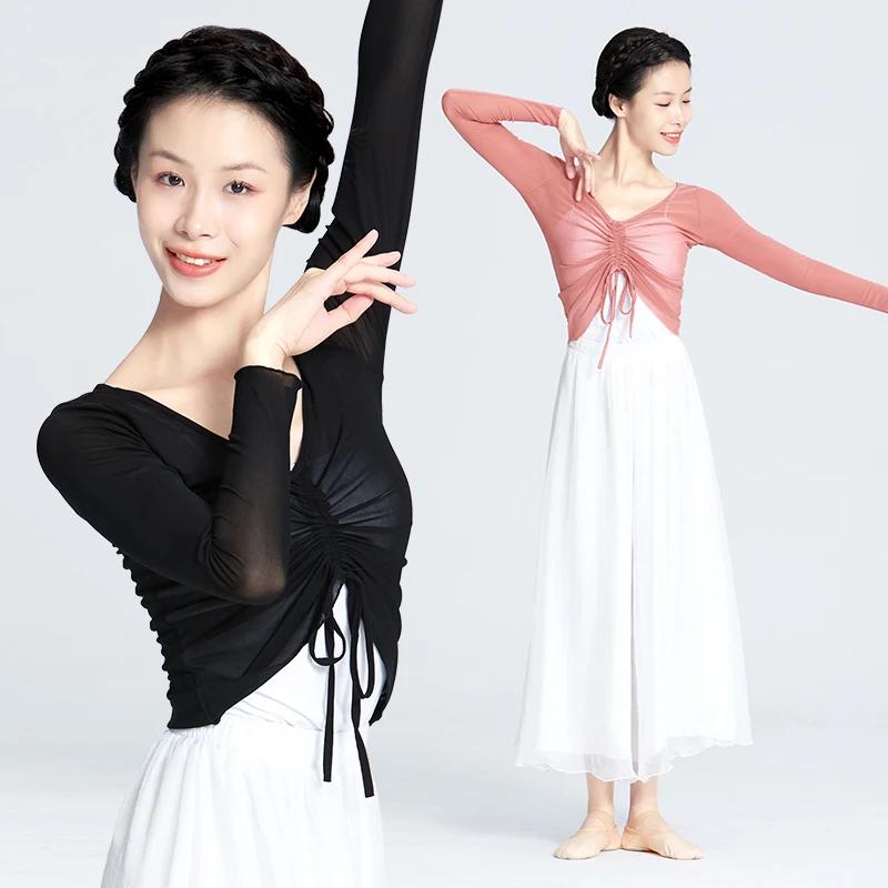 Top Trends: Ballet Tops Woman Ballet Drawstring Tops Elegant Classic Dance Mesh Long Sleeve Tops Woman Dancewear Training Suit Shoppable Styles