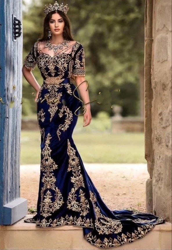 Top Trends: Luxury Arabic Dubai Mermaid Evening Dresses Short Sleeves Gold Lace Applique Classic Velvet Wedding Party Formal Event Gowns Shoppable Styles