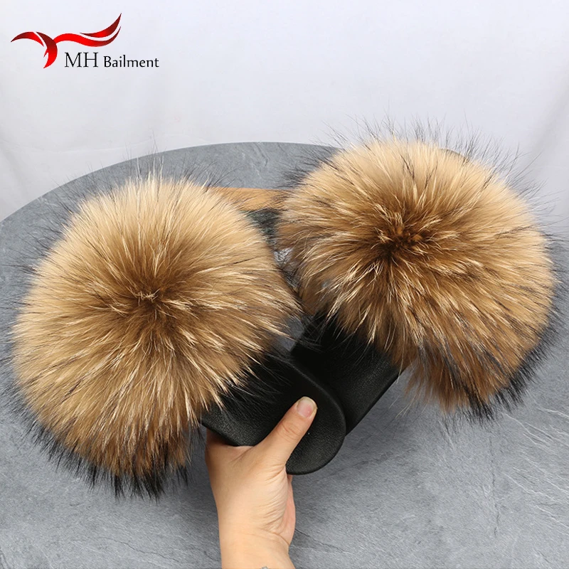 Top Trends: Real Raccoon Fur Slippers For Women 2023 Summer Fluffy Indoor House Fuzzy Flat Slides Outdoor Fashion Beach Sandals Flip Flops Shoppable Styles