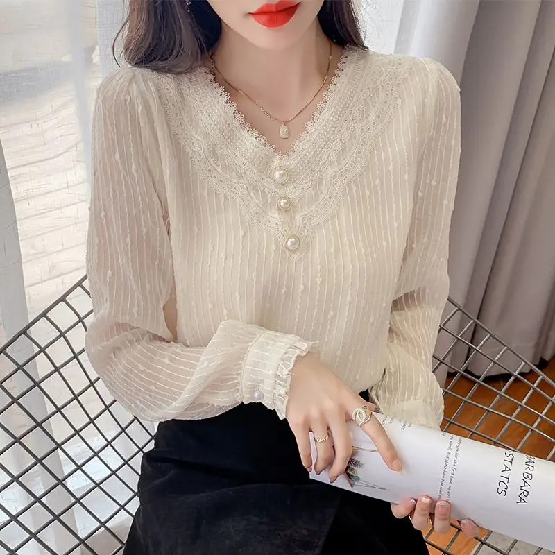 Top Trends: Spring New Button Lace Patchwork Shirt Tops Long Sleeve V Neck Solid Color Loose Blouse Temperament Elegant Women Clothing Shoppable Styles