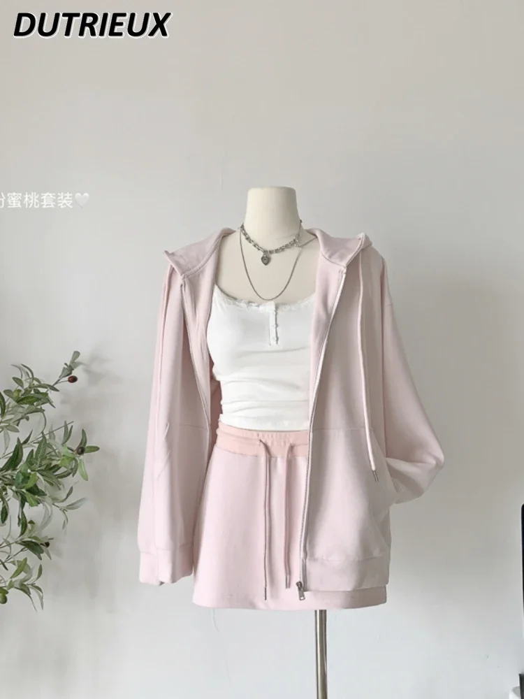 Top Trends: Spring And Autumn New Long Sleeve Solid Color Hoodie Coat Female Early Autumn New Fashion Casual Pink Sweatshirt + Short Skirt Shoppable Styles