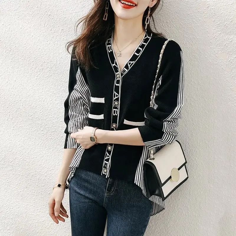 Top Trends: Streetwear Striped Loose Asymmetrical Shirt Spring Autumn Single-breasted Female Korean Chic V-Neck Letter Casual Pockets Blouse Shoppable Styles