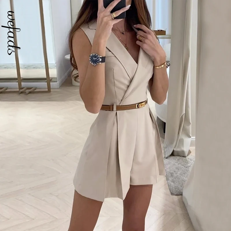 Top Trends: Wefads Women Jumpsuit Summer Office Stylish Casual Lapel Sleeveless Solid With Belt Pleated Short Romper Set High Streetwear Shoppable Styles