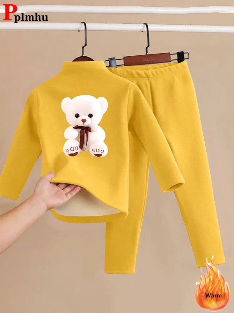 Top Trends: Children Velveteen Underwear Suit Winter Warm Bear Print Long Sleeve Tops Conjuntos Boys / Girls Leggings Pants 2 Piece Sets Shoppable Styles