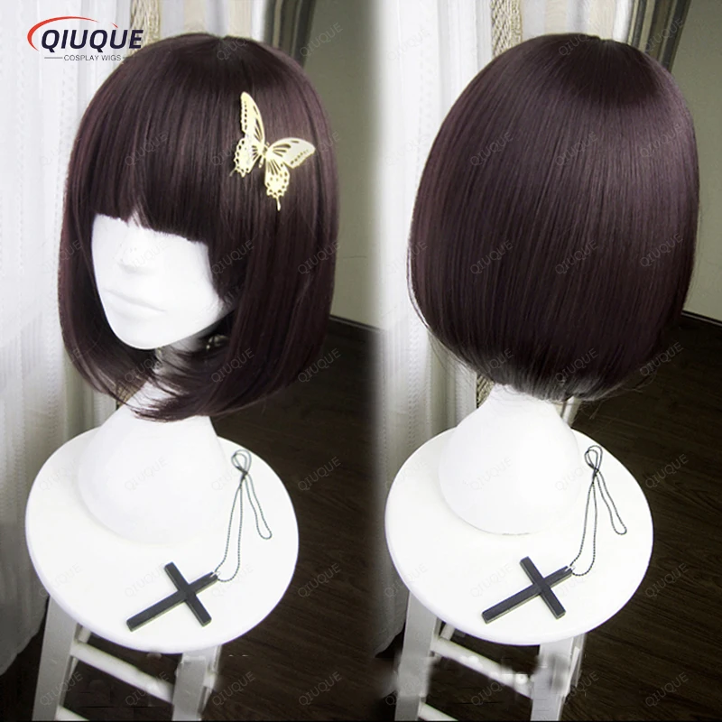 Top Trends: Anime Bungo Stray Dogs Akiko Yosano Short Bob Purple-Black Heat Resistent Cosplay Hair Wig + Butterfly Hairpin Shoppable Styles