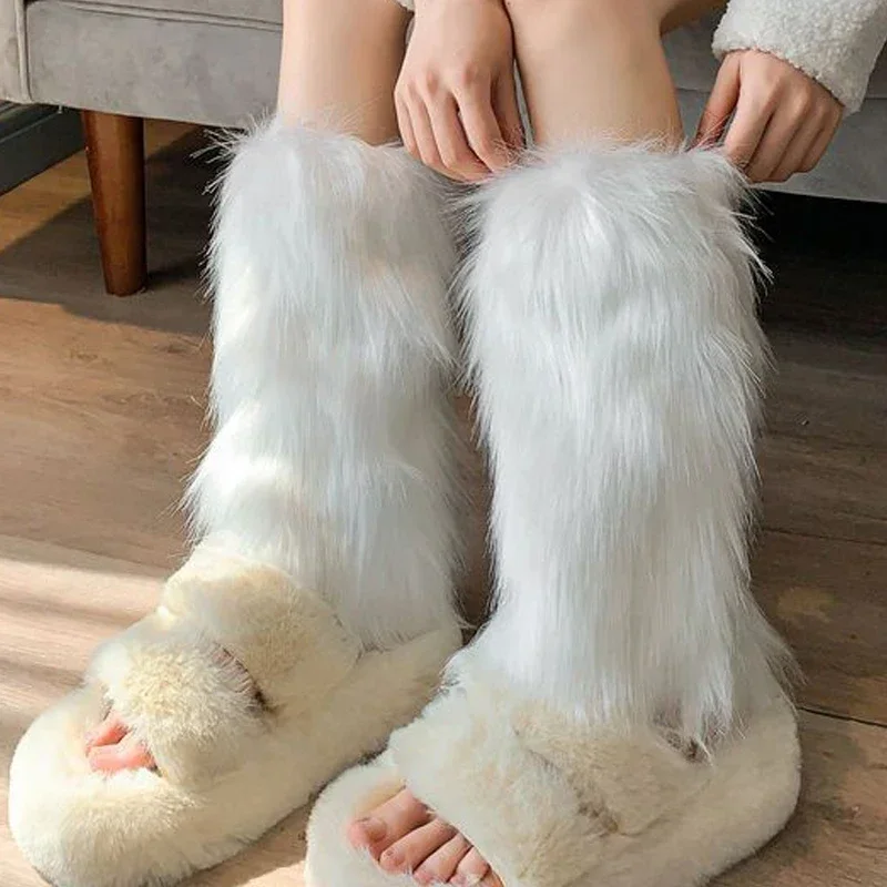 Top Trends: Black White Plush Faux Fur Leg Warmers Boot Covers Y2K Goth Solid Leg Socks Punk Jk Knee-length Hiphop Hotgirl Fashion Warm Sock Shoppable Styles