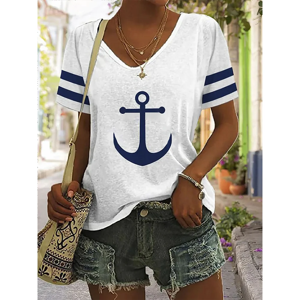 Top Trends: Summer Shirts Women T Shirt Short Sleeve Tops Anchor Graphic Clothing Everyday Streetwear V-Neck Pullovers For Women's Tees 2023 Shoppable Styles