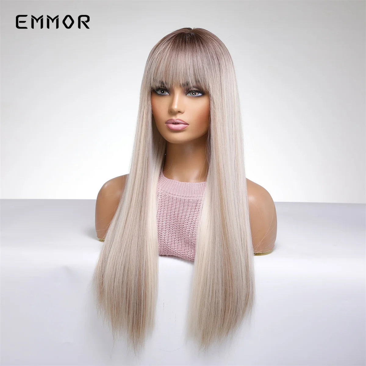 Top Trends: Emmor Synthetic Ombre Brown Blonde Wig Straight Hair Wigs With Bangs High Temperature Halloween Cosplay Daily Use Wig For Women Shoppable Styles - Image 5