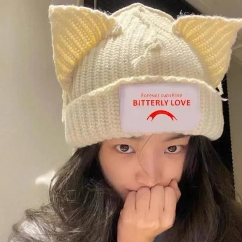 Top Trends: Cute Cat Ears Knitted Hats Kpop Lisa Stray Kids Double-layer Warm Wool Hooded Cap Bonnets For Women Men Streetwear Accessories Shoppable Styles