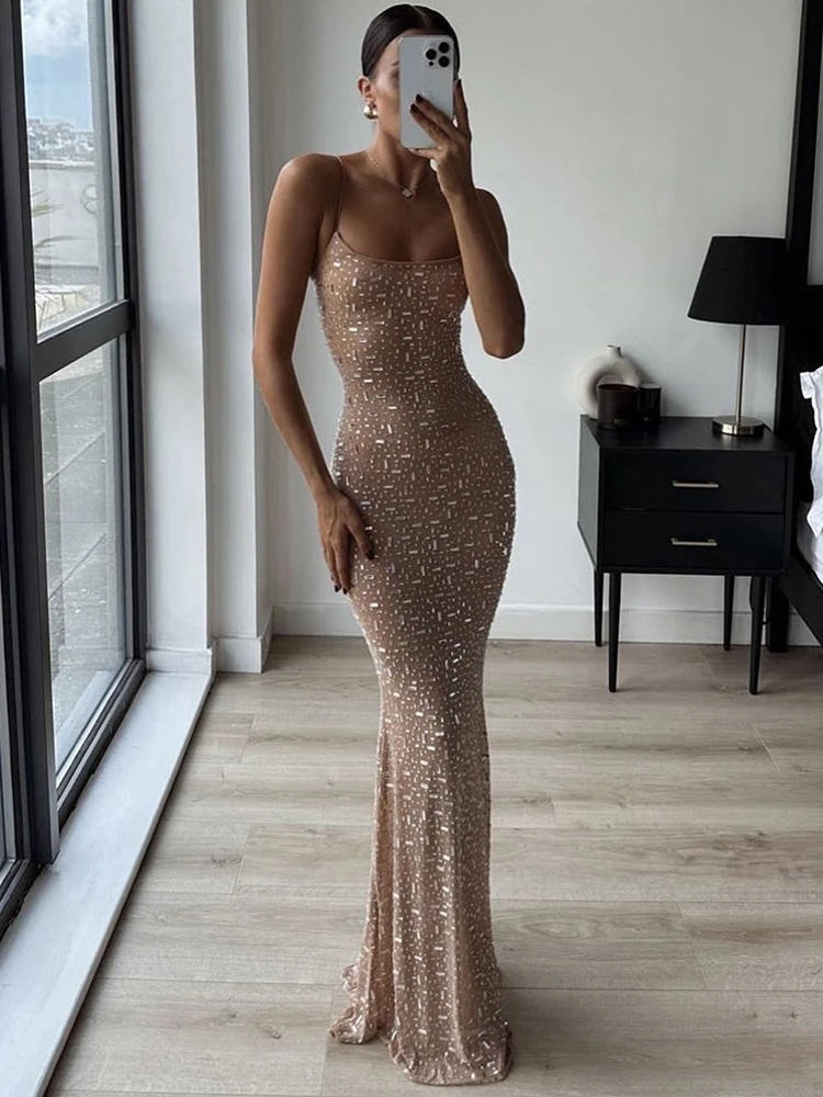 Top Trends: Elegant Sequin Female Maxi Dress Fashion Glitter High Waist Bodycon Sexy Diamond Backless Spaghetti Strap Birthday Night Club Ou Shoppable Styles