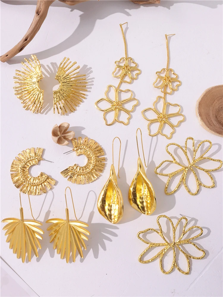 Top Trends: HUANZHI New Gold Plated Metal Oversize Earrings Long Drops For Women Maple Leaf Hollow Flower Horn Trendy Chunky Distort Jewelry Shoppable Styles