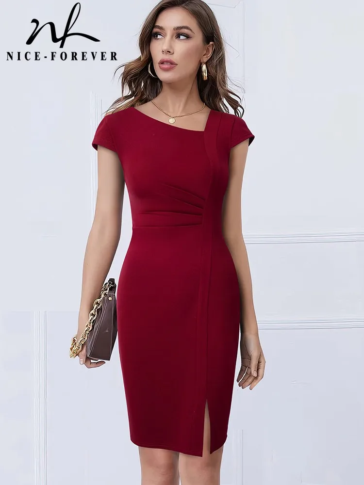 Top Trends: Nice-forever Summer Women Elegant Front Split Office Plain Dresses Business Formal Vintage Bodycon Slim Dress B700 Shoppable Styles