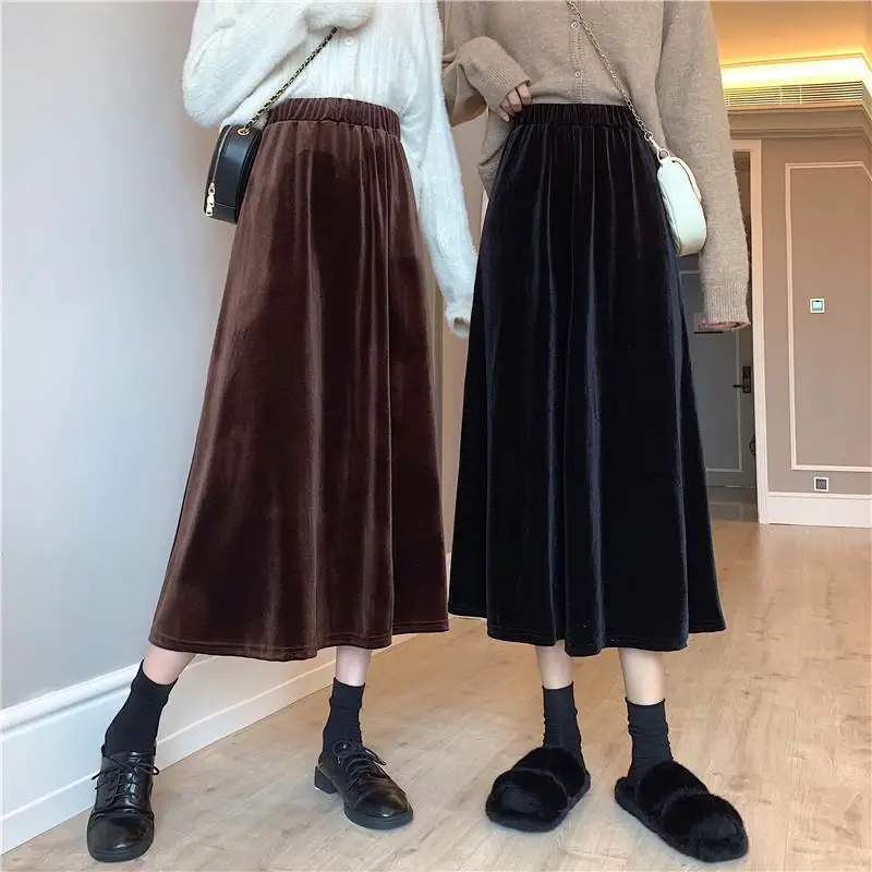 Top Trends: Autumn Korean Pleated Solid Color Golden Velvet High Waist A-line Skirt Women Clothes All-match Elastic Waist Skirt Ladies Loose Shoppable Styles