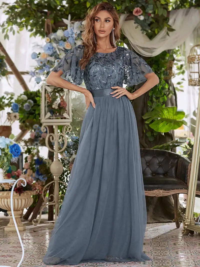 Top Trends: Elegant Evening Dresses Sequin Print Maxi Long With Cap Sleeve A-LINE 2024 BAZIIINGAAA Of Dusty Navy Gauze Bridesmaid Dresses Shoppable Styles