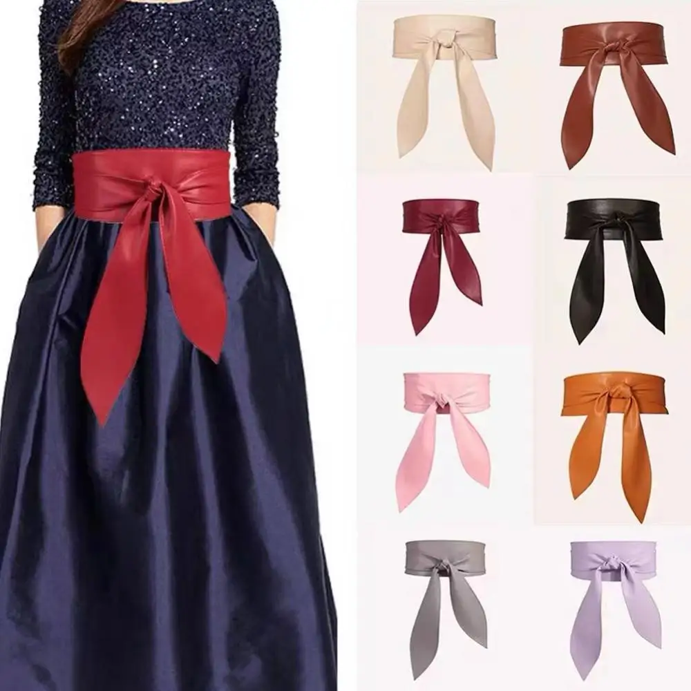 Top Trends: Women Lace Up Belt Elegant Bow Belt Long Black Soft Leather Wide Waistband Bowknot Cummerbund Ties Bow Ladies Dress Decoration Shoppable Styles