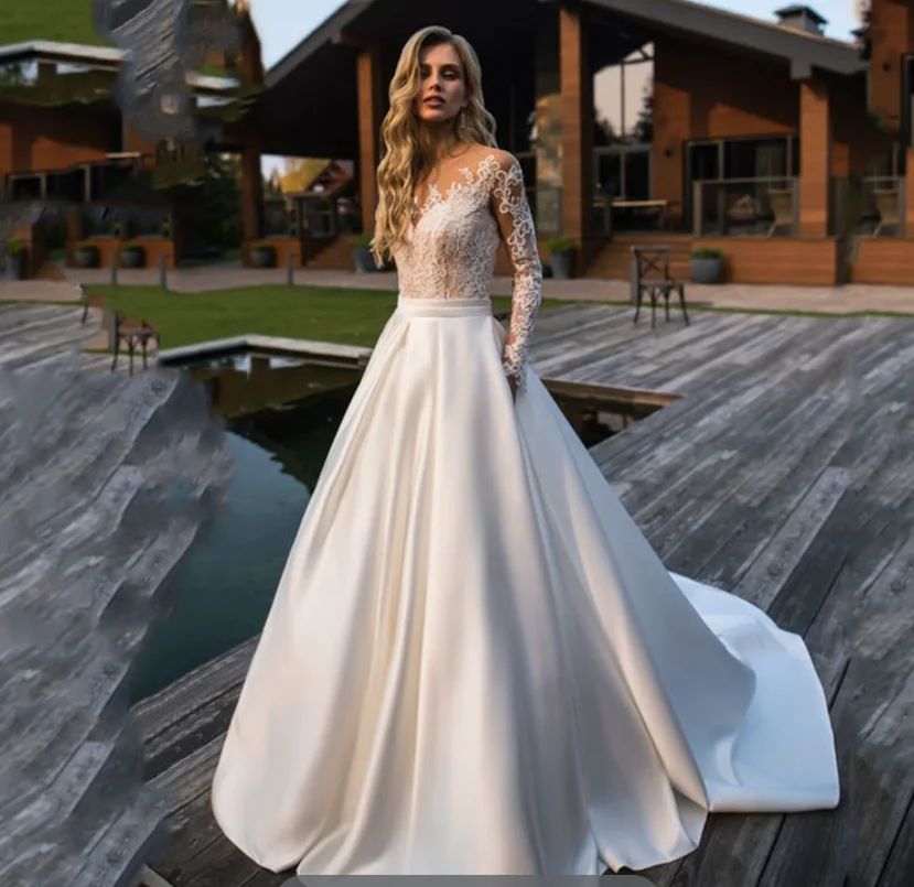 Top Trends: Haute Couture Lvory White O-Neck Appliques Bride Dress Long Sleeve Floor-Length Pleat Satin Sweep Train A-LINE Wedding Dress Shoppable Styles