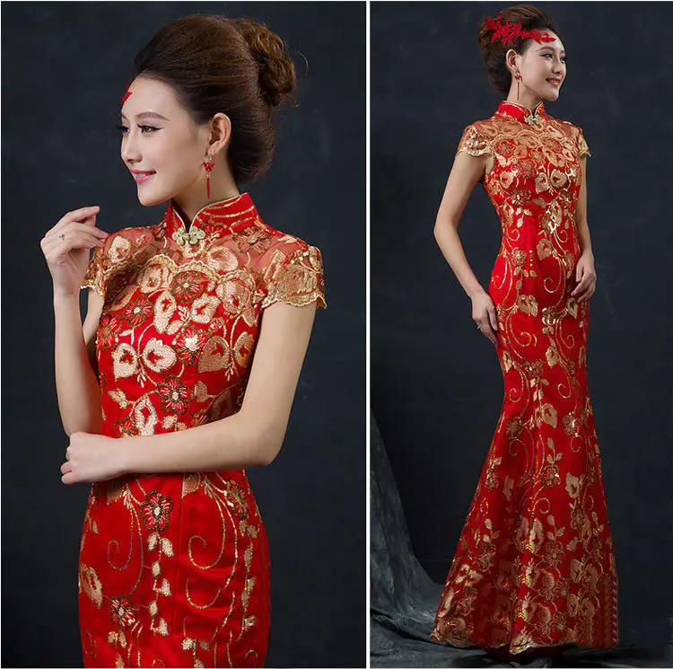 Top Trends: Red Chinese Wedding Dress Female Long Short Sleeve Cheongsam Gold Slim Chinese Traditional Dress Women Qipao For Wedding Party Shoppable Styles