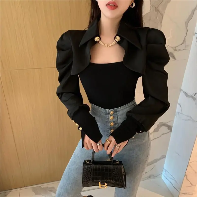 Top Trends: Office Lady Solid Color Patchwork Shirt Slim Fake Two Pieces Spring Autumn Women's Clothing Korean Fashion Button Chain Blouse Shoppable Styles - Image 4