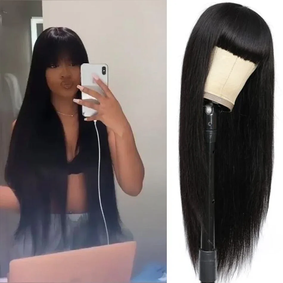 Top Trends: 30 Inch Long Bone Straight Human Hair Wig With Bangs Short Bob Human Hair Wigs For Black Women Glueless Brazilian Fringe Wig Shoppable Styles