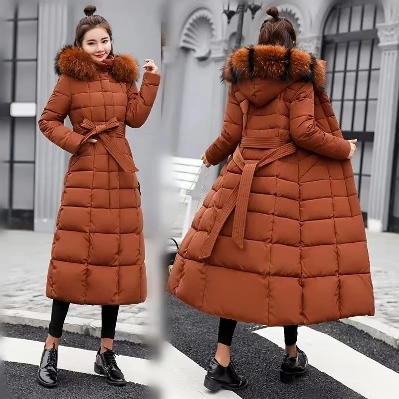 Top Trends: Long Down Cotton Jacket Women Bow Belt Winter Over-the-knee Puffer Jacket Long Parka Fox Fur Collar Thick Hooded Slim Coat Chic Shoppable Styles