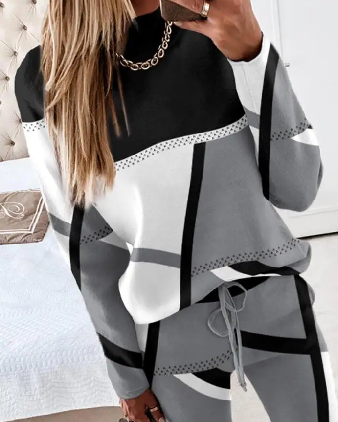 Top Trends: Two Piece Sets Womens Outifits Casual Geometric Print Long Sleeve O-neck Top Pullover & Fashion Drawstring Pants Set Streetwear Shoppable Styles - Image 3