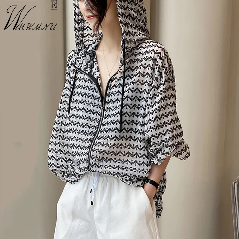 Top Trends: Fashion Stripe Print Hood Summer Jackets Women Casual Loose Thin Sun Protection Chaquetas Long Sleeves Outdoor Sport Outerwear Shoppable Styles