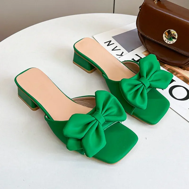 Top Trends: 2023 Women&#039;s Shoes Summer Square Heels Slippers For Women Green Butterfly-knot Slides Sandal Female Shoes Plus Big Size 45 Shoppable Styles