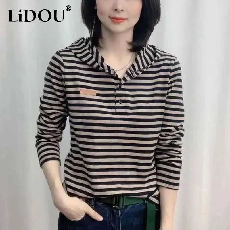 Top Trends: 2023 Spring Autumn New Hooded Fashion Striped Printing Pullovers Women Casual Loose Button Comfortable Elegant All-match Tops Shoppable Styles