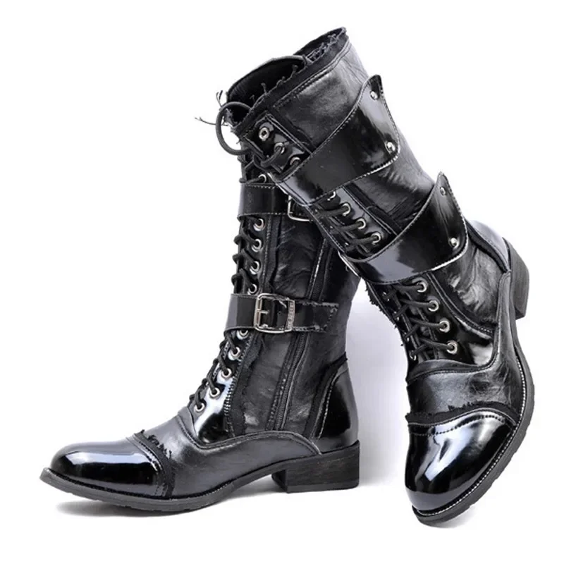 Top Trends: Gothic Punk Cosplay Dance Boots For Men 2023 Mid Leg Patent Leather Short Military Boots Fall Winter Safety Work Shoes Male Shoppable Styles