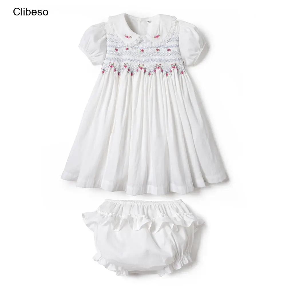 Top Trends: 2024 Spanish Handsmocked Dress For Girls Kids Boutique Flowers Smocking Peter Pan Collar Dresses With Shorts Children Clothes Shoppable Styles