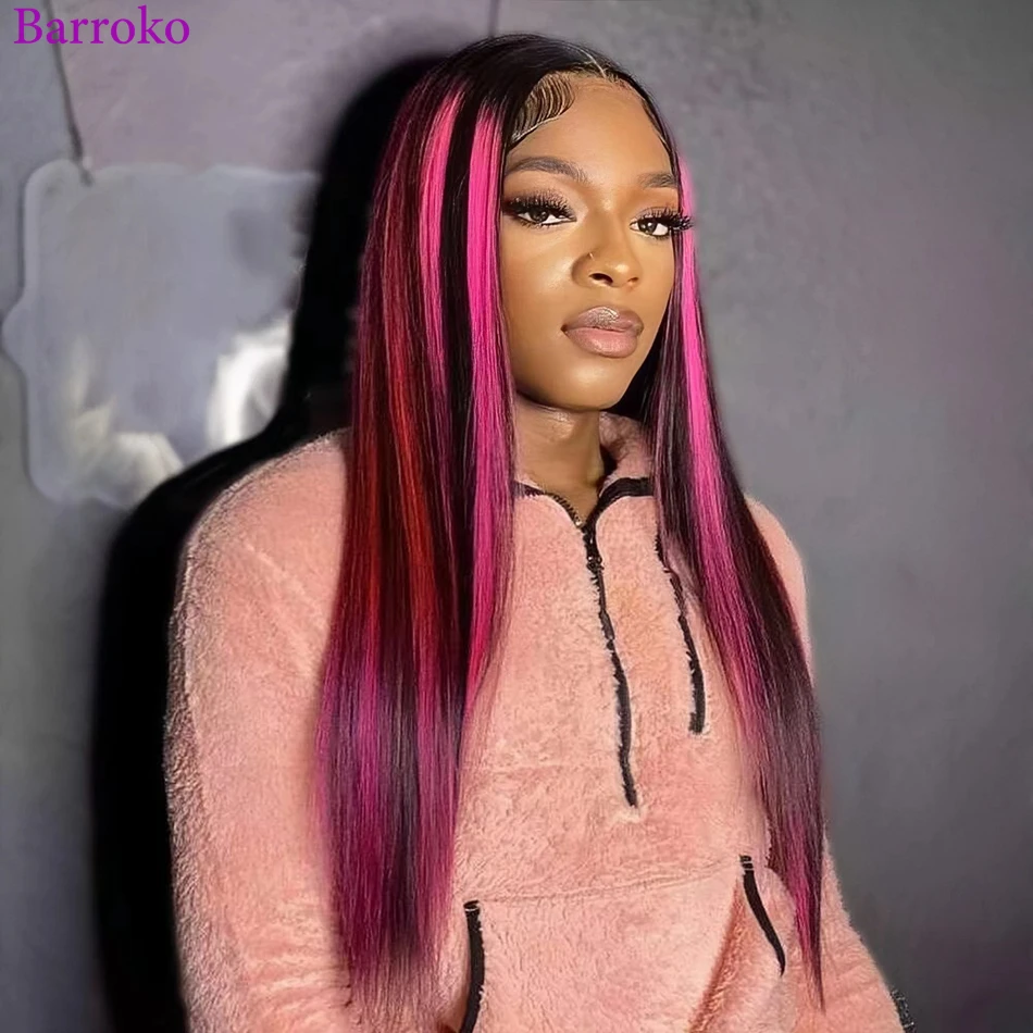 Top Trends: Barroko Highlight Pink 1B Colored Lace Wig Straight 13x6 Transparent Lace Human Hair Wig Brazilian Remy Hair 180% Pre Plucked Shoppable Styles