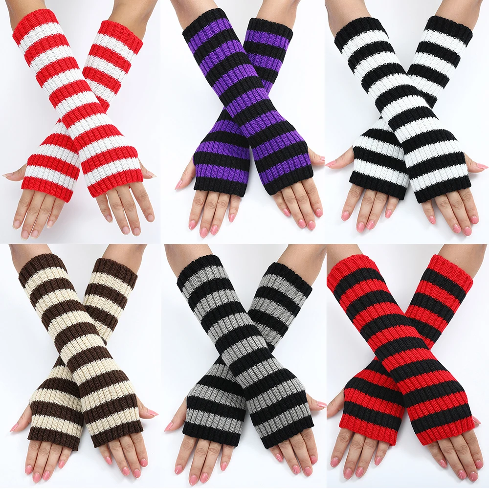 Top Trends: Warm Arm Warmers Women Wrist Elbow Thermal Glove Hand Arm Warmers Striped Knitted Woolen Elbow Mittens Cosplay Arm Sleeves Shoppable Styles