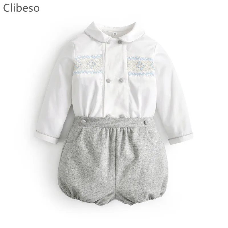 Top Trends: 2024 Spanish Baby Boys Clothes Set Children Hand Made Smocked White Shirts Peter Pan Collar Gray Shorts Toddler Smocking Outfits Shoppable Styles