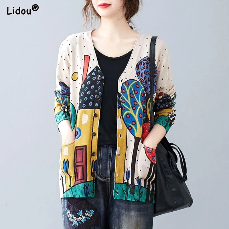 Top Trends: Loose Long Cardigan Straight DOT Printing Button Pockets Sweaters V-neck Autumn Winter Thick Women's Clothing Street Casual Coat Shoppable Styles