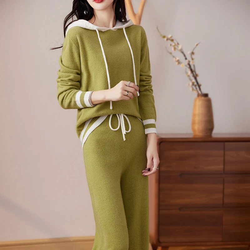 Top Trends: Fall / Winter New 100% Pure Cashmere Hoodie Two-Piece Women Hooded Knitted Long-Sleeved Sweater Wool Wide-Leg Pants Suit Shoppable Styles