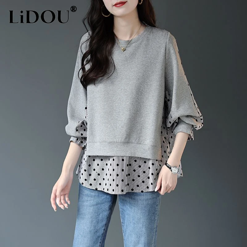 Top Trends: 2023 Spring Autumn New Round Neck Fashion Printing Long Sleeve Sweatshirts Women Fake Two Pieces Patchwork All-match Pullovers Shoppable Styles